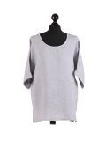 Italian Plain Plus Size Linen Crop Lagenlook Top-Light grey