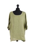 Italian Plain Plus Size Linen Crop Lagenlook Top-Lime