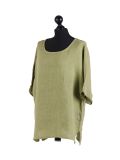 Italian Plain Plus Size Linen Crop Lagenlook Top-Lime side