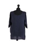Italian Plain Plus Size Linen Crop Lagenlook Top-Navy