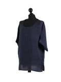 Italian Plain Plus Size Linen Crop Lagenlook Top-Navy side