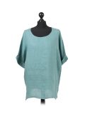 Italian Plain Plus Size Linen Crop Lagenlook Top-Ocean blue