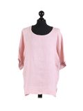 Italian Plain Plus Size Linen Crop Lagenlook Top-Pink