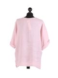 Italian Plain Plus Size Linen Crop Lagenlook Top-Pink back