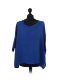 Italian Plain Plus Size Linen Crop Lagenlook Top-Royal blue