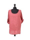 Italian Plain Plus Size Linen Crop Lagenlook Top-Sugar poppy