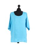 Italian Plain Plus Size Linen Crop Lagenlook Top-Turquoise