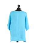Italian Plain Plus Size Linen Crop Lagenlook Top-Turquoise back