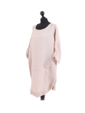 Italian Plain Round Hem Pocketed Linen Lagenlook Top-Beige side