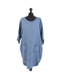 Italian Plain Round Hem Pocketed Linen Lagenlook Top-Denim