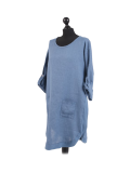 Italian Plain Round Hem Pocketed Linen Lagenlook Top-Denim side