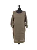 Italian Plain Round Hem Pocketed Linen Lagenlook Top-Khaki