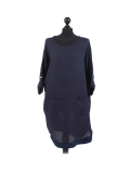 Italian Plain Round Hem Pocketed Linen Lagenlook Top-navy