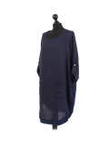 Italian Plain Round Hem Pocketed Linen Lagenlook Top-Navy side
