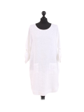Italian Plain Round Hem Pocketed Linen Lagenlook Top-White