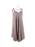 Italian V- Neck Plain Linen Lagenlook Jumpsuit-Mocha