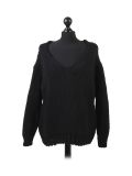 Italian Plain V-Neck Woolen Knitted Lagenlook Jumper-Black