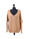 Italian Plain V-Neck Woolen Knitted Lagenlook Jumper-camel