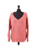 Italian Plain V-Neck Woolen Knitted Lagenlook Jumper-Coral