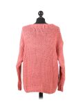 Italian Plain V-Neck Woolen Knitted Lagenlook Jumper-Coral back