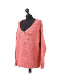 Italian Plain V-Neck Woolen Knitted Lagenlook Jumper-Coral side