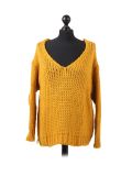 Italian Plain V-Neck Woolen Knitted Lagenlook Jumper-Mustard
