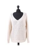 Italian Plain V-Neck Woolen Knitted Lagenlook Jumper-Off white