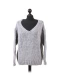 Italian Plain V-Neck Woolen Knitted Lagenlook Jumper-Silver