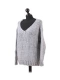 Italian Plain V-Neck Woolen Knitted Lagenlook Jumper-Silver side