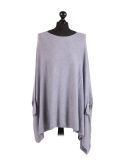 Italian Ribbed Trim Lagenlook Poncho-Light grey