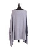 Italian Ribbed Trim Lagenlook Poncho-light grey back
