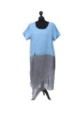 Italian Two Tone Glittery Silk Asymmetric Hem Linen Lagenlook Dress -Denim