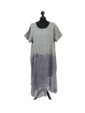 Italian Two Tone Glittery Silk Asymmetric Hem Linen Lagenlook Dress -Khaki