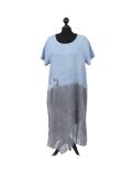 Italian Two Tone Glittery Silk Asymmetric Hem Linen Lagenlook Dress -Light denim