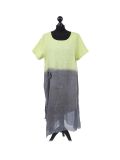 Italian Two Tone Glittery Silk Asymmetric Hem Linen Lagenlook Dress -Lime