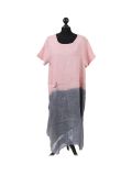 Italian Two Tone Glittery Silk Asymmetric Hem Linen Lagenlook Dress -Pink