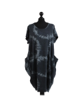 Made In Italy Fossil Print Pocketed Cotton Lagenlook Cocoon Dress-Charcoal