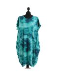 Made In Italy Fossil Print Pocketed Cotton Lagenlook Cocoon Dresss-Aqua