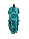 Made In Italy Fossil Print Pocketed Cotton Lagenlook Cocoon Dresss-Aqua back