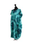 Made In Italy Fossil Print Pocketed Cotton Lagenlook Cocoon Dresss-Aqua side