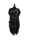Made In Italy Fossil Print Pocketed Cotton Lagenlook Cocoon Dresss-Black