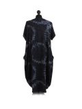 Made In Italy Fossil Print Pocketed Cotton Lagenlook Cocoon Dresss-Black back