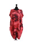 Made In Italy Fossil Print Pocketed Cotton Lagenlook Cocoon Dresss-Coral