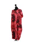Made In Italy Fossil Print Pocketed Cotton Lagenlook Cocoon Dresss-Coral side