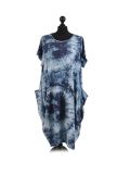Made In Italy Fossil Print Pocketed Cotton Lagenlook Cocoon Dresss-Denim