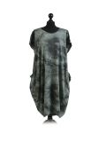 Made In Italy Fossil Print Pocketed Cotton Lagenlook Cocoon Dresss-Khaki