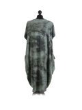 Made In Italy Fossil Print Pocketed Cotton Lagenlook Cocoon Dresss-Khaki back