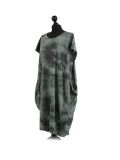 Made In Italy Fossil Print Pocketed Cotton Lagenlook Cocoon Dresss-Khaki side
