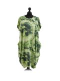 Made In Italy Fossil Print Pocketed Cotton Lagenlook Cocoon Dresss-Lime green