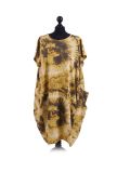 Made In Italy Fossil Print Pocketed Cotton Lagenlook Cocoon Dresss-Mustard